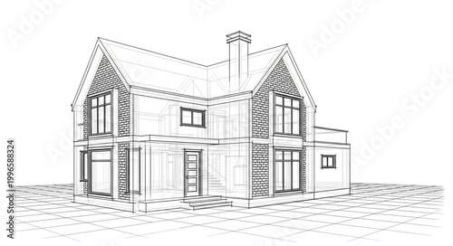 Architectural Sketch of a Modern Two-Story House with Large Windows.