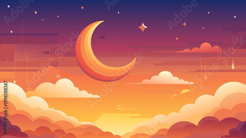 Sunset sky, crescent moon, clouds, stars, gradient background