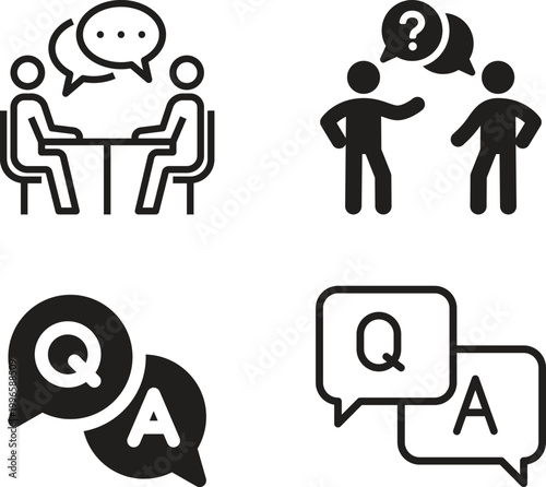 Question answer icon set collection group, FAQ help support symbol, ask reply communication sign, information dialog chat bubble flat line glyph outline vector isolated on white background.