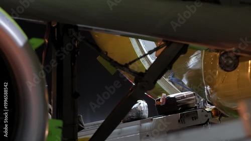 Airplane suitcases luggage baggage handling conveyor worker at airport terminal airline aircraft. Passengers boarding airplane.