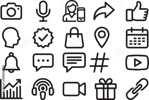 Black Line Icons of Social Media and Communication Symbols on White Background