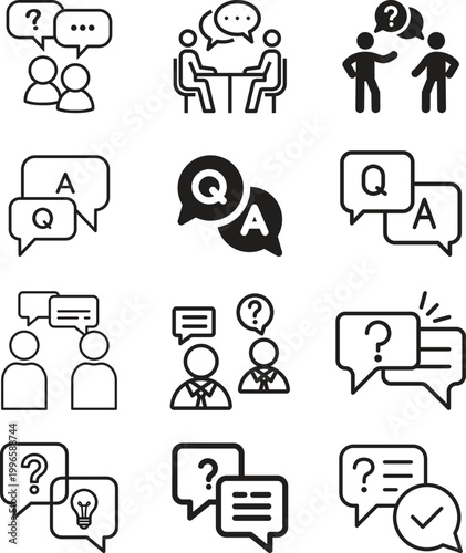Question answer icon set collection group, FAQ help support symbol, ask reply communication sign, information dialog chat bubble flat line glyph outline vector isolated on white background.