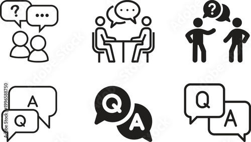 Question answer icon set collection group, FAQ help support symbol, ask reply communication sign, information dialog chat bubble flat line glyph outline vector isolated on white background.