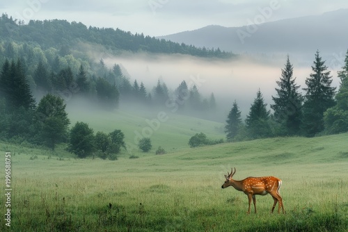 Young deer grazing tranquilly in misty morning meadow of Carpathian hills