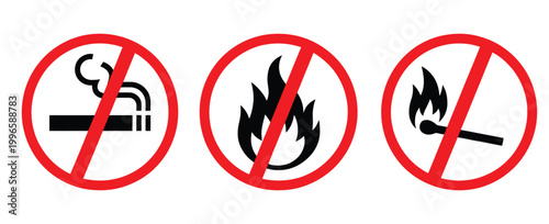 No smoking no open fire burning symbol vector graphic with red circle and diagonal line for safety signage warning instruction and restricted areas