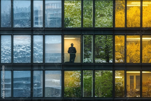 Office Windows Displaying All Four Seasons Simultaneously in Urban Setting