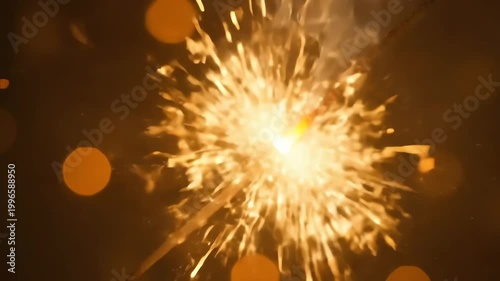 A bright sparkler ignites with a burst of golden light and sparks, creating a festive and magical atmosphere against a bokeh background.