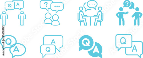 Question answer icon set collection group, FAQ help support symbol, ask reply communication sign, information dialog chat bubble flat line glyph outline vector isolated on white background.
