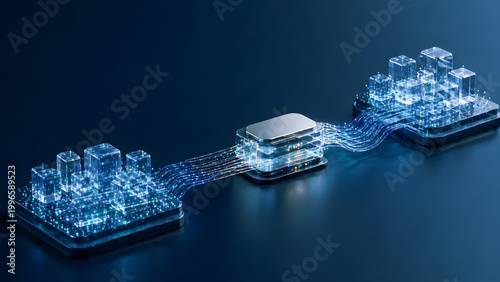 Cloud data migration concept with connected digital platforms and glowing information flow