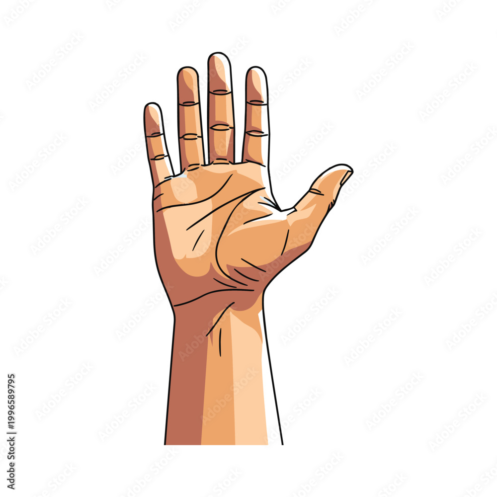 Fototapeta premium raised human hand with detailed palm lines flat design vector illustration on clear sky background