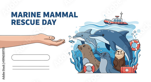 A vector illustration celebrates Marine Mammal Rescue Day with a hand reaching out to marine animals—dolphins, seals, otters—surrounded by a rescue boat, life preserver, and first aid kit