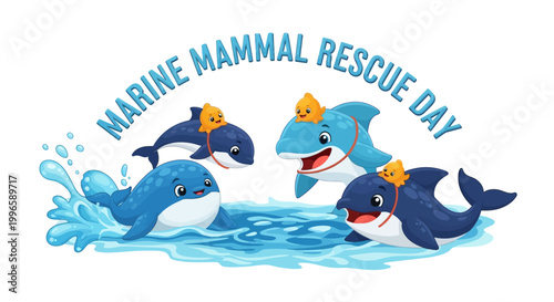 Cartoon illustration showing a Marine Mammal Rescue Day concept with four friendly, stylized dolphins and sharks wearing life preservers floating in bright blue water, set against a clean