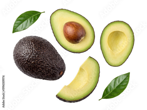 Fresh whole and sliced avocados with green leaves, showcasing healthy fruit isolated on a transparent background.