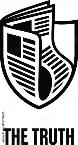 Black and white newspaper shield icon representing the truth and reliable news media communication symbol
