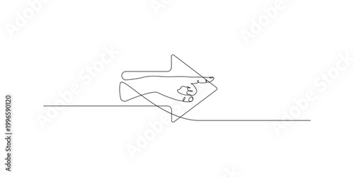 Hand pointing a finger to the right inside a simple arrow shape drawn with a single continuous black ink line art isolated on white background, Vector, illustration