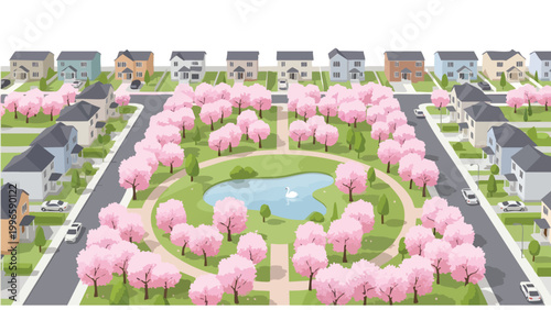 Suburban Neighborhood with Park & Cherry Blossoms - Real Estate & Community Concept