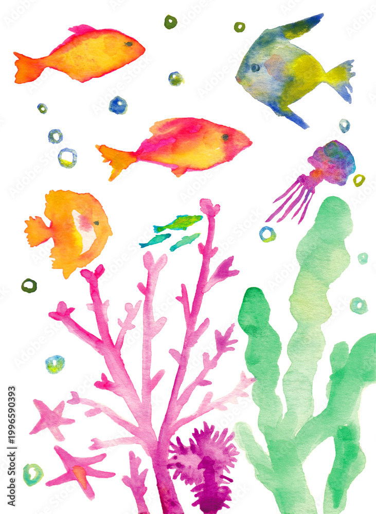 Obraz premium Watercolor tropical coral reef, transparent PNG, colorful fish jellyfish seaweed marine life illustration / 水彩 熱帯魚 珊瑚礁 海中 透過PNG 魚 クラゲ 海藻 海の生き物 イラスト