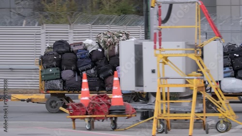 Airplane suitcases luggage baggage carts worker at airport terminal airline aircraft. Passengers boarding airplane.