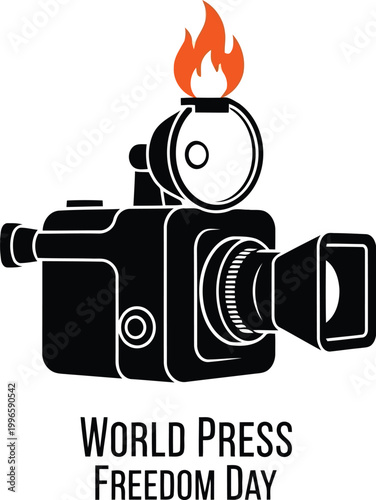 World Press Freedom Day icon featuring a vintage movie camera with a burning flame on top for journalism concept
