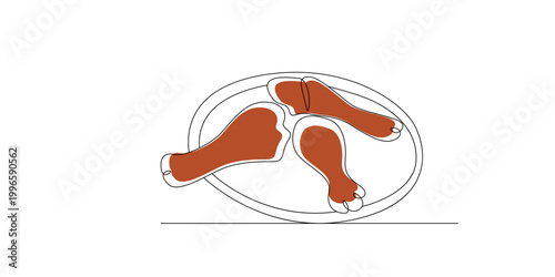 A simple flat style line art vector illustration of three cooked chicken legs served on a round dining plate for dinner isolated on white background, Vector, illustration