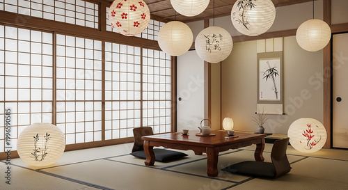 Traditional Japanese Room with Low Wooden Table and Paper Lanterns tatami floor sliding doors