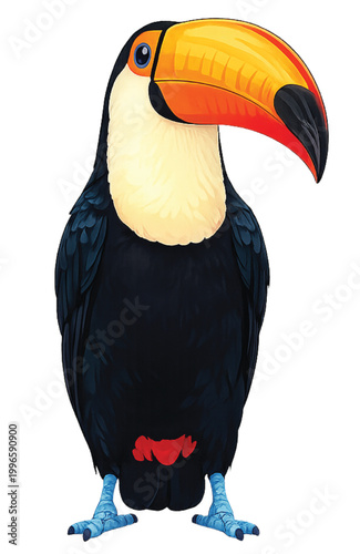 A colorful wild toco toucan bird with a large yellow beak and black feathers is isolated on a white background, featuring exotic tropical rainforest wildlife from the jungles of Brazil