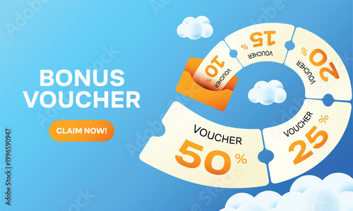 Bonus voucher design concept featuring envelope open with many voucher flying between cloud.