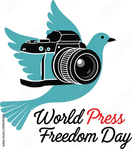 Blue bird with a black camera icon for World Press Freedom Day celebration design