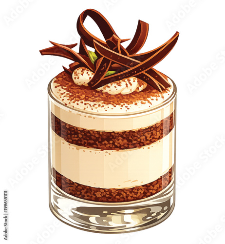 Delicious gourmet dessert of a fresh piece of chocolate mousse cake with cream topping isolated on a white background