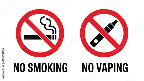 No smoking no vaping prohibition symbol vector illustration with red circle and diagonal line for health safety regulation and warning signage