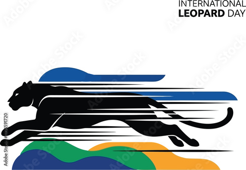 Black leopard animal running fast with abstract colorful shapes for International Leopard Day celebration design