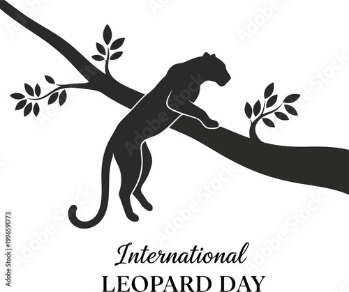 Black silhouette of a leopard walking on a tree branch for International Leopard Day celebration