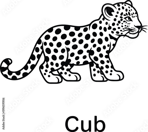 Cute little leopard cub walking in a simple black and white line art drawing style for children coloring book