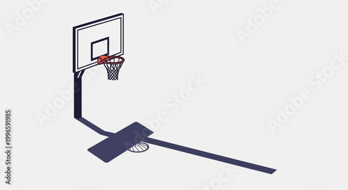Basketball hoop and ball with long shadow on light background, isometric view