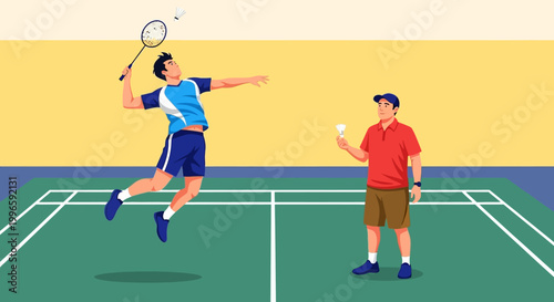 Badminton Players in Action: Man Jumping to Smash Shuttlecock, Opponent Ready
