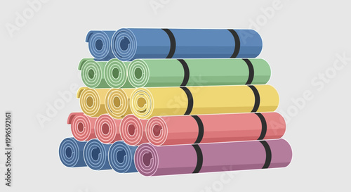 Colorful Rolled Yoga Mats Stacked on Gray Background