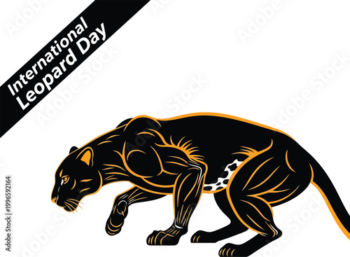Black panther illustration for International Leopard Day with glowing orange outlines and artistic feline design