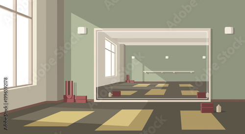Empty Yoga Studio with Mats and Mirrors - Serene Wellness Space