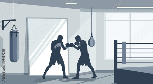 Two boxers training in a gym, sparring in front of a large mirror