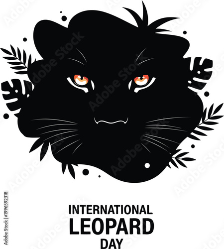 Black panther head with glowing eyes and tropical leaves for International Leopard Day celebration design concept
