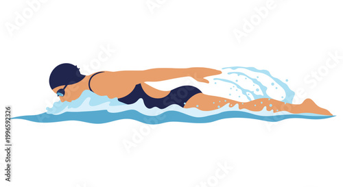 Woman swimming butterfly stroke in blue water, active lifestyle, sports illustration