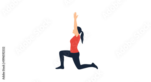 Woman practicing yoga, stretching in warrior pose on white background