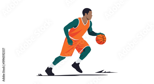 African American basketball player dribbling ball, dynamic sports illustration