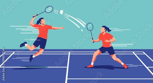 Badminton Match: Two Women Playing Badminton on Court, Action Shot