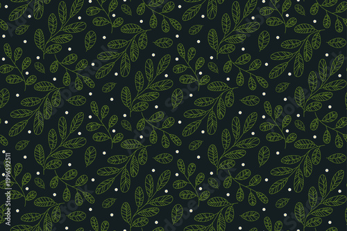 Seamless Dark Botanical Leaf Pattern with Line Art Foliage and Small Flowers – Minimal Nature Background