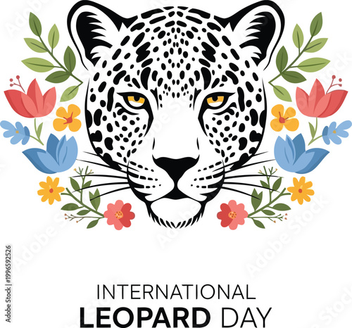 Leopard head illustration with colorful flowers for International Leopard Day celebration and wildlife awareness design