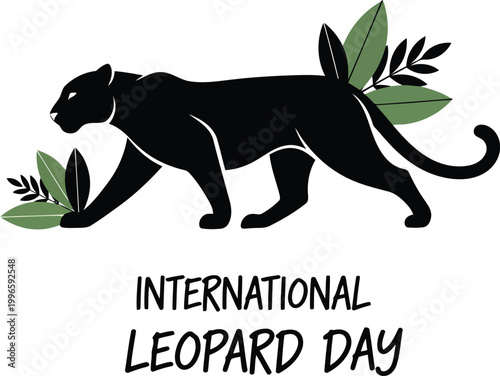 Black panther silhouette walking with green tropical leaves for International Leopard Day celebration design element