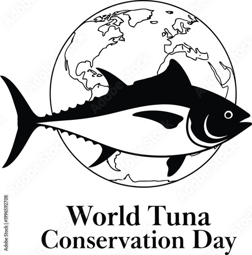 World Tuna Conservation Day icon with a black silhouette of a tuna fish swimming in front of a global earth globe