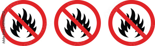 No smoking signs prohibiting fire and flames in public areas with red prohibition symbol for safety warning and hazard prevention