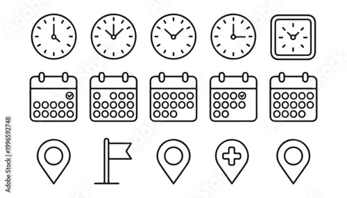 Large collection of thin line icons featuring various clock faces calendars flag and location pin pointers.